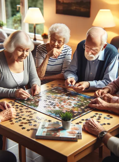 Senioren lösen gemeinsam ein Puzzle in einem gemütlichen Raum, sitzen um einen großen Tisch, halten Puzzleteile, konzentriert und freudig